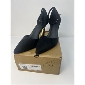NIB Juliet Holy Women's Black Faux Suede Heels Point Toe Gold Accents